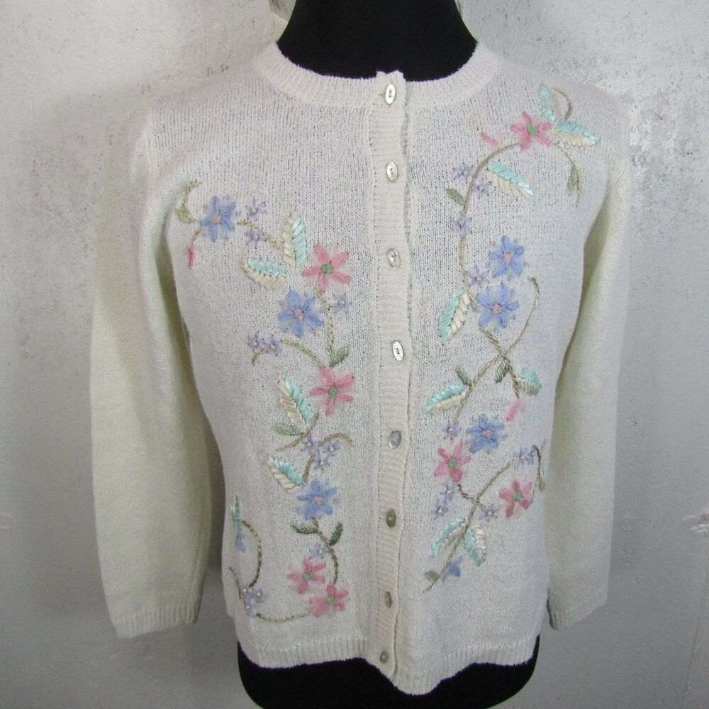 NWT Susan Bristol Women's M Ivory Floral Ribbon Embroidered Knit Cardigan